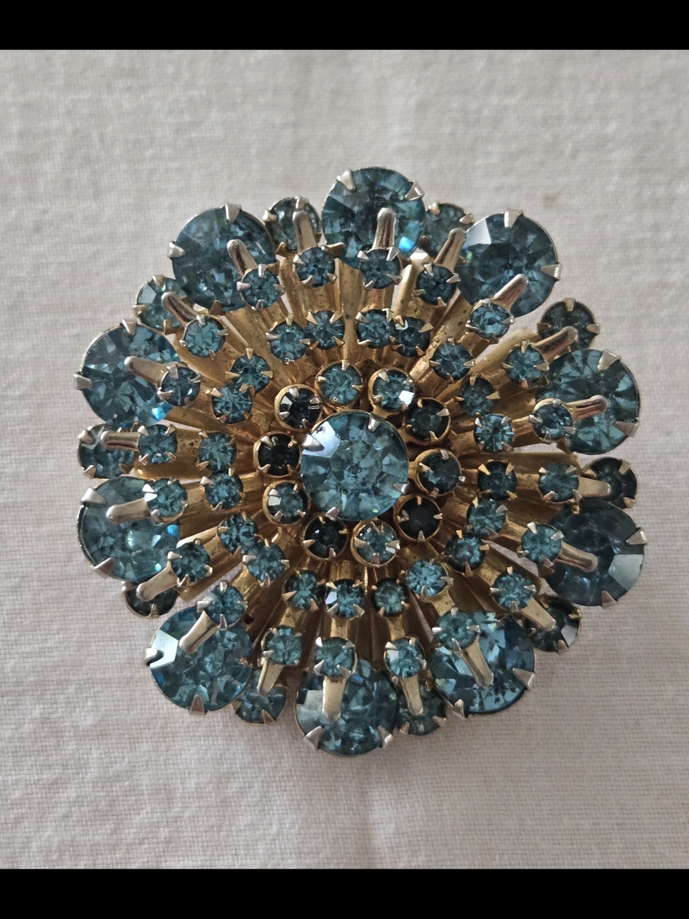 Vintage Aqua Blue Rhinestone Starburst Dome Brooch Pin